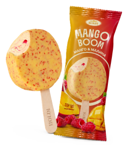 Морозиво «Mango Bomm Манго-Малина» в кондитерській білій глазурі з полуничним кранчем