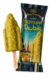 Морозиво пломбір «ПЕРЛИНА DUBAI» зі смаком фісташки та хрустким цукром у кондитерській глазурі з кадаїф